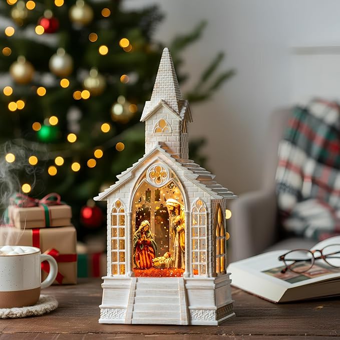 Christmas Nativity Snow Globe Lantern Musical Holy Family Lighted Water Church with Silent Night Music for Christmas Festival Decoration Gifts