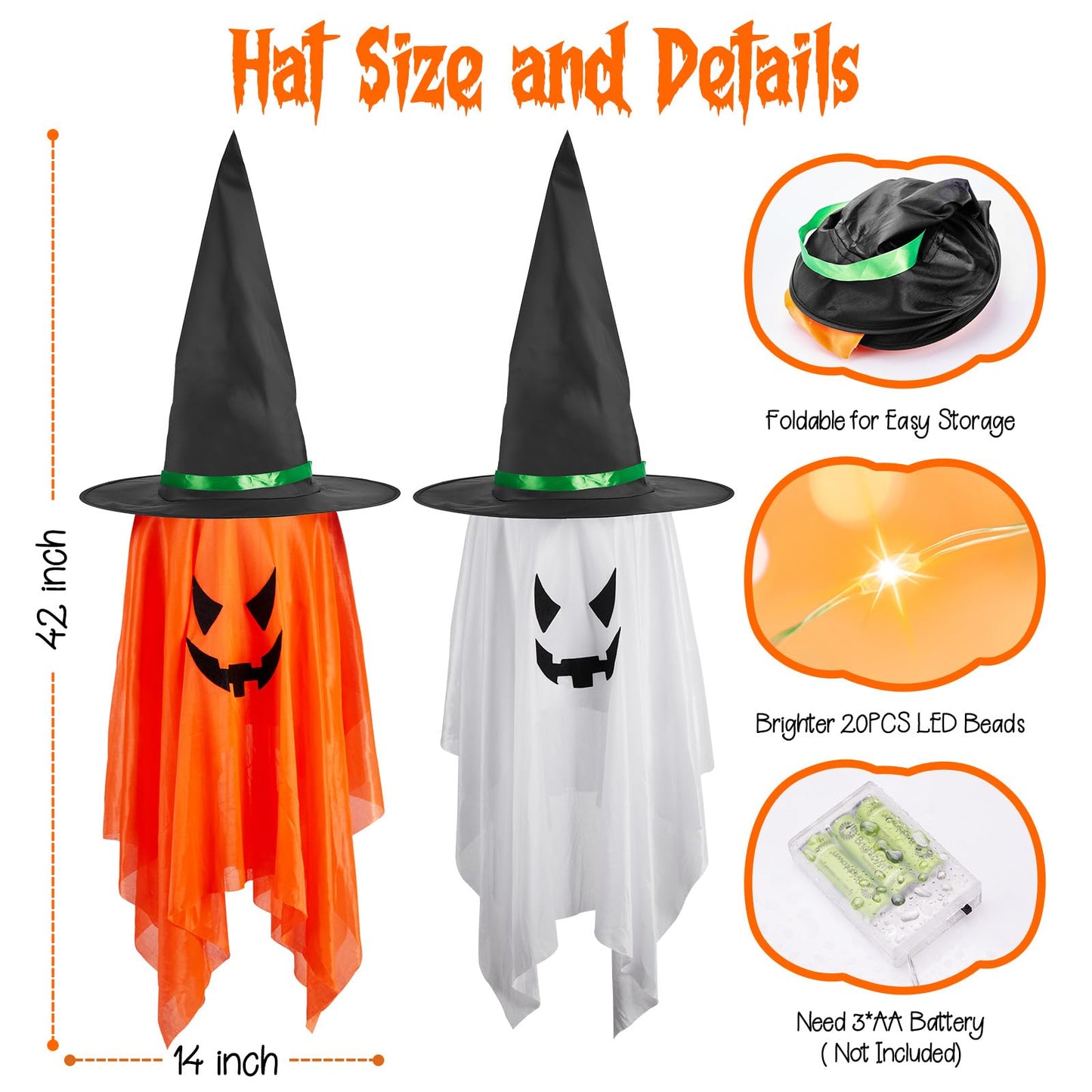Minetom Halloween Lights Battery Operated, 2PC Large Hanging Witch Hats Lights, Total 40 LED Light up Witch Hat, Glowing Ghost Witch Hat Lights, Halloween Outdoor Decoration for Tree Indoor,Warm White