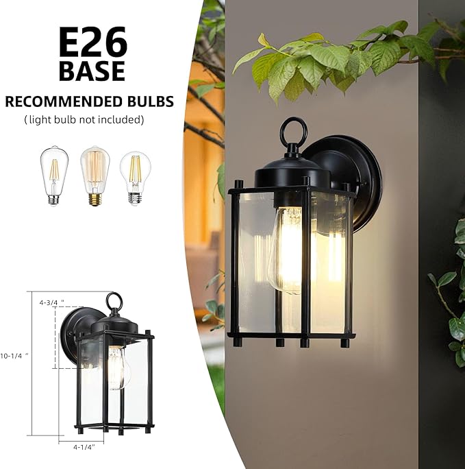 Outdoor Wall Light, Exterior Lighting Fixture Wall Sconce, Black Porch Light Fixture with Clear Beveled Glass, Outdoor Wall Lantern Waterproof Anti-Rust E26 Socket for Front Door, Entryway