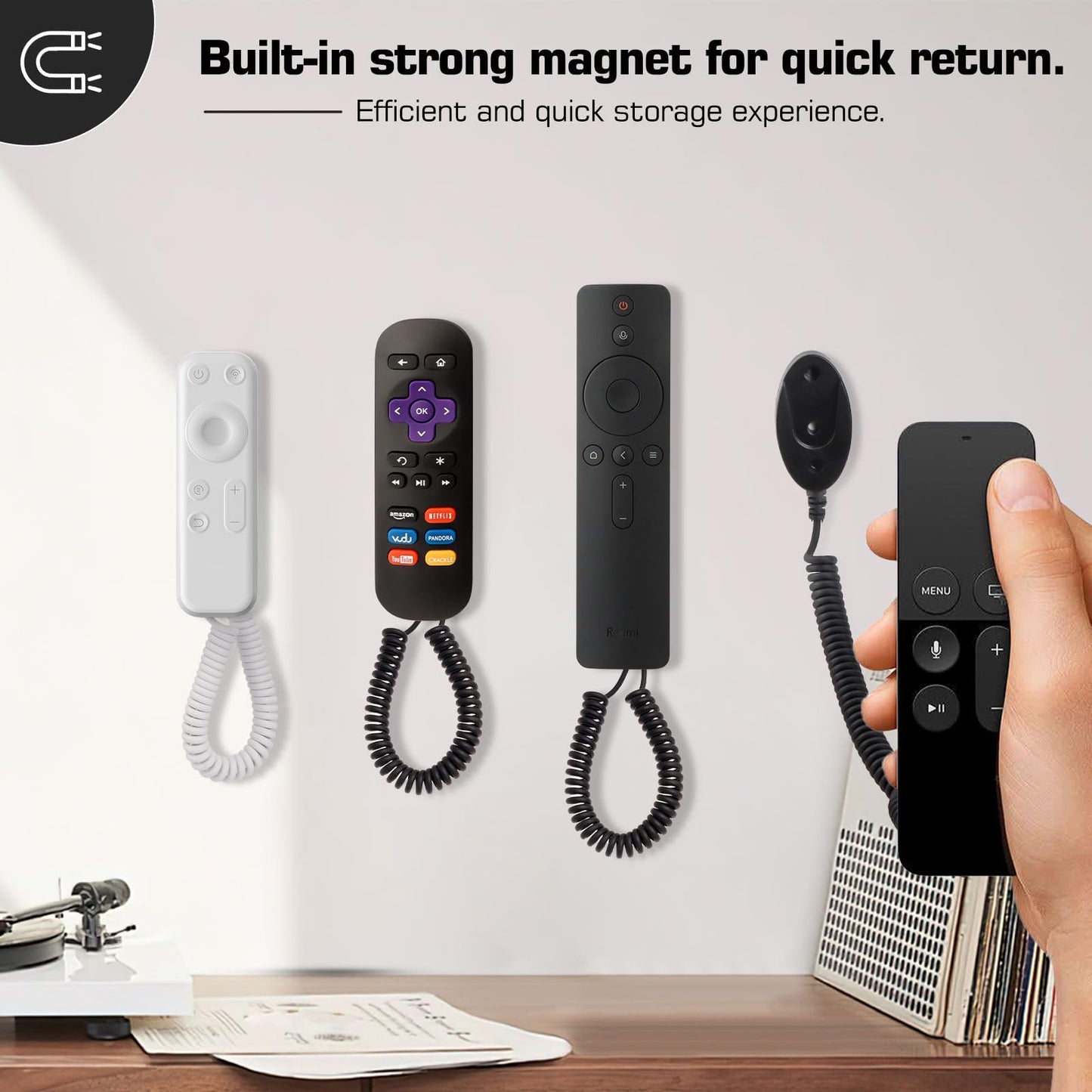 2-Pack Magnetic Remote Control Holders with Spring Ropes - Safely Secure Remotes & Small Items, Wall-Mount with Adhesive, Anti-Loss, Rapid Adsorption, Extendable Spring (Black 43 inch, 2 Pack)