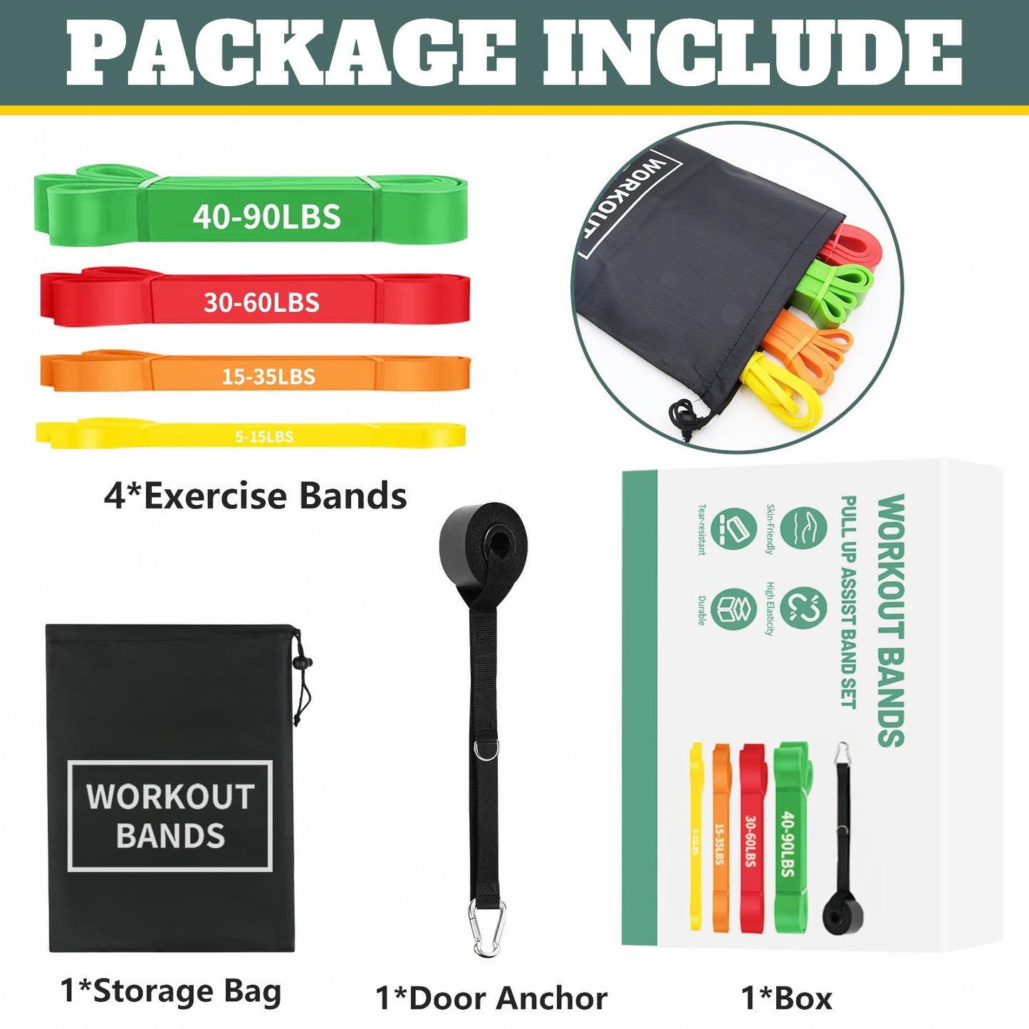 Exercise Bands Resistance Bands for Working Out,Pull Up Bands Set,at Home Workout Equipment,Workout Bands for Men and Women,Stretch Bands for Exercise (Yellow, Orange, Red, Green)