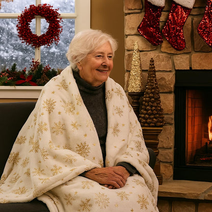 Winter Holiday Christmas Fleece Throw Blanket: Velvety Soft, Gold Snowflakes Stars Design, Durable Accent for Bed or Couch, Oversized 50 x 70 inches