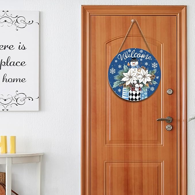 Welcome Winter Blue Poinsettia Front Door Sign Winter Snowman Wood Door Hanger Outdoor Outside Porch Decor Blue Christmas Snowflake Holiday Wreath Wall Hanging Welcome Sign for Home Front Porch 12in