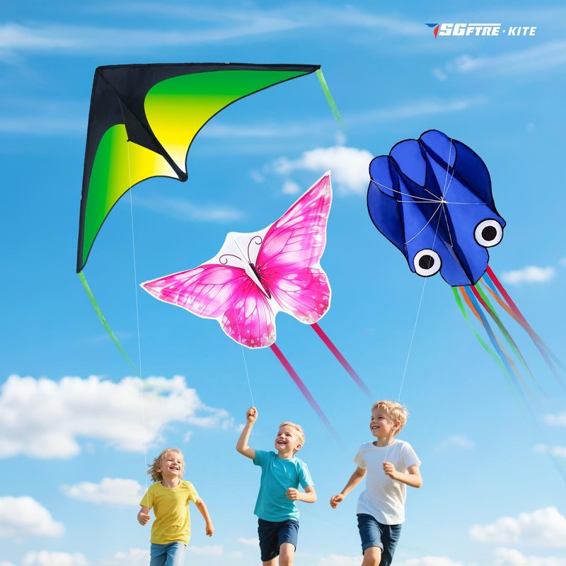 SGftre 3 Piece Set Butterfly Delta Octopus Kites for Kids and Adults，Easy to Fly for Outdoor Adults Children Line Kite for Kids Toy (Delta 2+Octopus 2+Butterfly 2, 6)