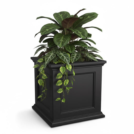Mayne Fairview Self Watering Planter Box - 20 Inch Large Square, Classic Inset Panels, New England Architecture, Double Wall, UV & Weather Resistant for Indoor and Outdoor Use, Black