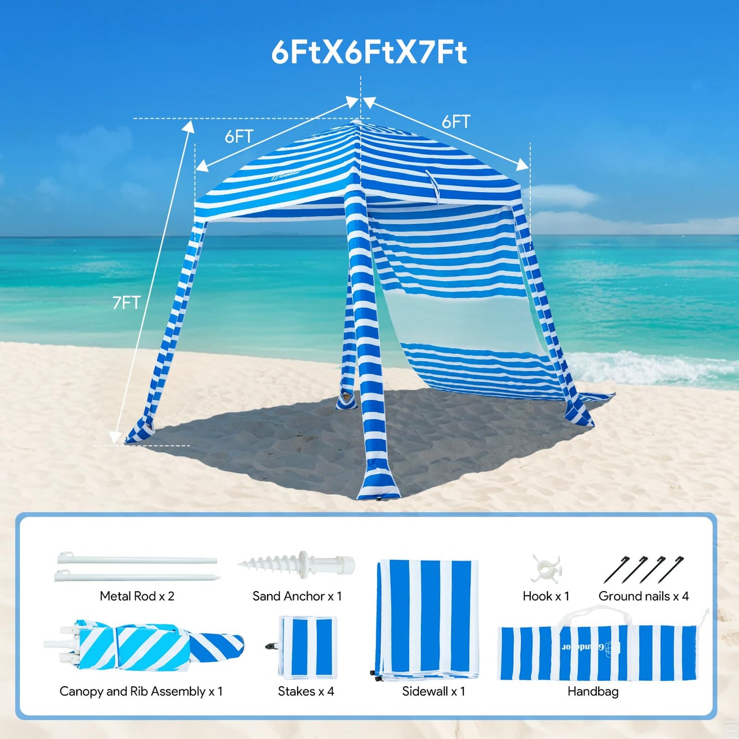 Grandekor Upgraded 6'×6' Pop Up Beach Canopy Tent for Family & Kids UPF 50+ Sun Shelter for Pool Camping with Sand Anchor Sidewall Bold Blue White Stripe