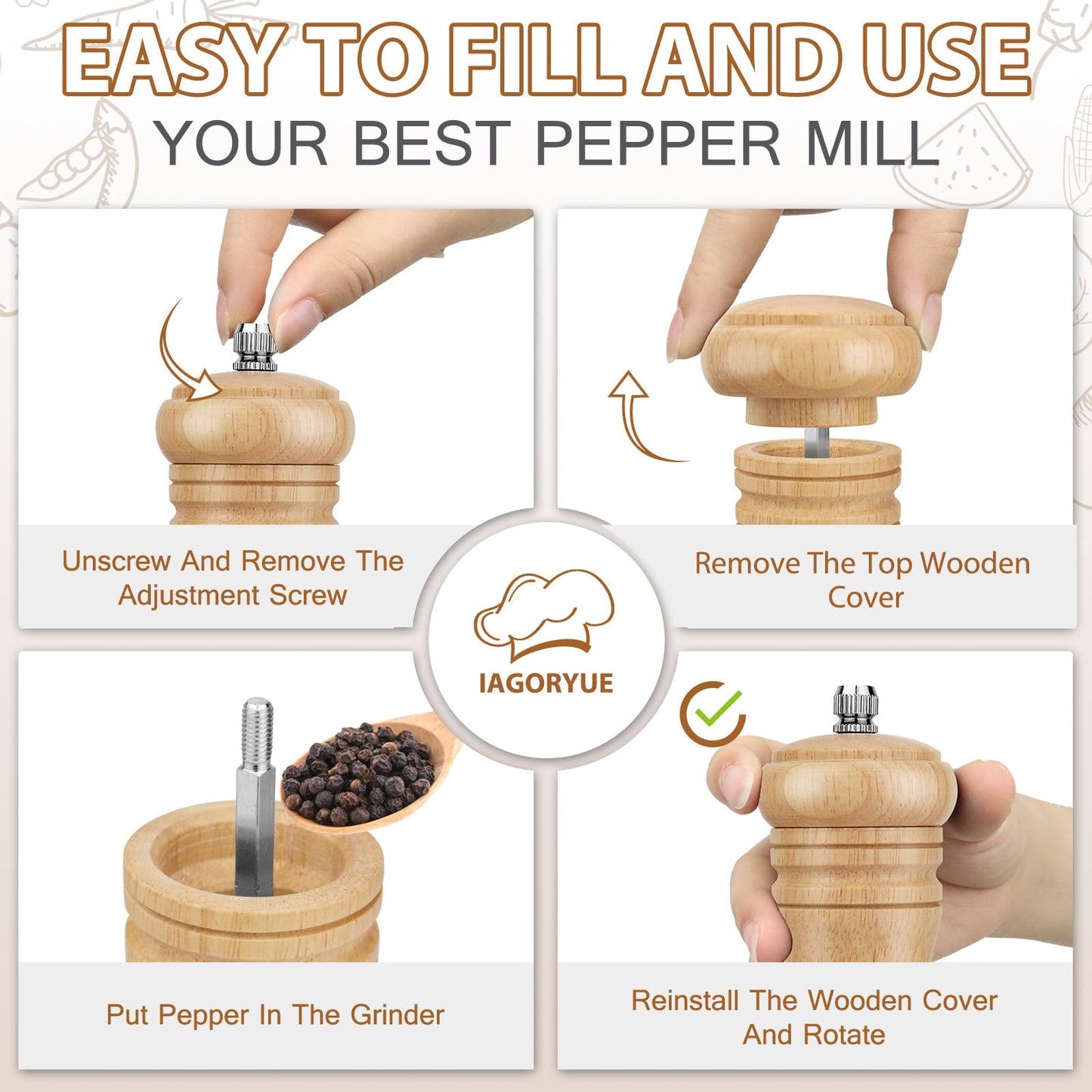 Salt and Pepper Grinder Set of 2, Wooden Salt and Pepper Mill with Adjustable Coarseness Ceramic Rotor & Acrylic Window, Manual Spice Grinders Refillable Salt Shaker for Sea Salt/Chili/Sesame,6.5 Inch
