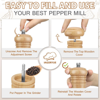 Salt and Pepper Grinder Set of 2, Wooden Salt and Pepper Mill with Adjustable Coarseness Ceramic Rotor & Acrylic Window, Manual Spice Grinders Refillable Salt Shaker for Sea Salt/Chili/Sesame,6.5 Inch
