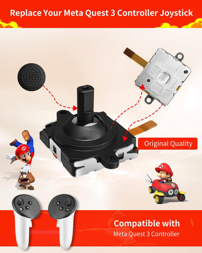 Joystick Replacement Kit for Oculus Quest 2/3 Controller, Repair Kit for Meta Quest 2/3 Controller, Include 2 Joysticks, T5 Screwdriver, Tweezer, Pry Tool, 4 Thumbstick Grips (Black-11-in one)