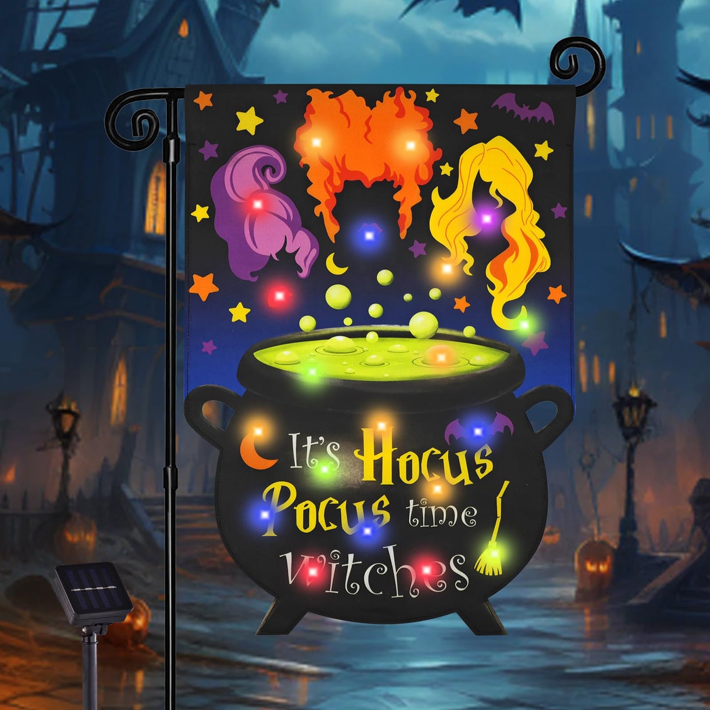 Solar Halloween Lighted Garden Flag for Outside It's Hocus Pocus Time Witches Flags for Patio Lawn Outside Halloween Decorations Garden Decor (12 * 18)
