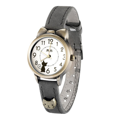DREAMING Q&P Fq-234 Brown Leather Strap Bowknot Kitty Design Students Girls Woman Quartz Wrist Watches