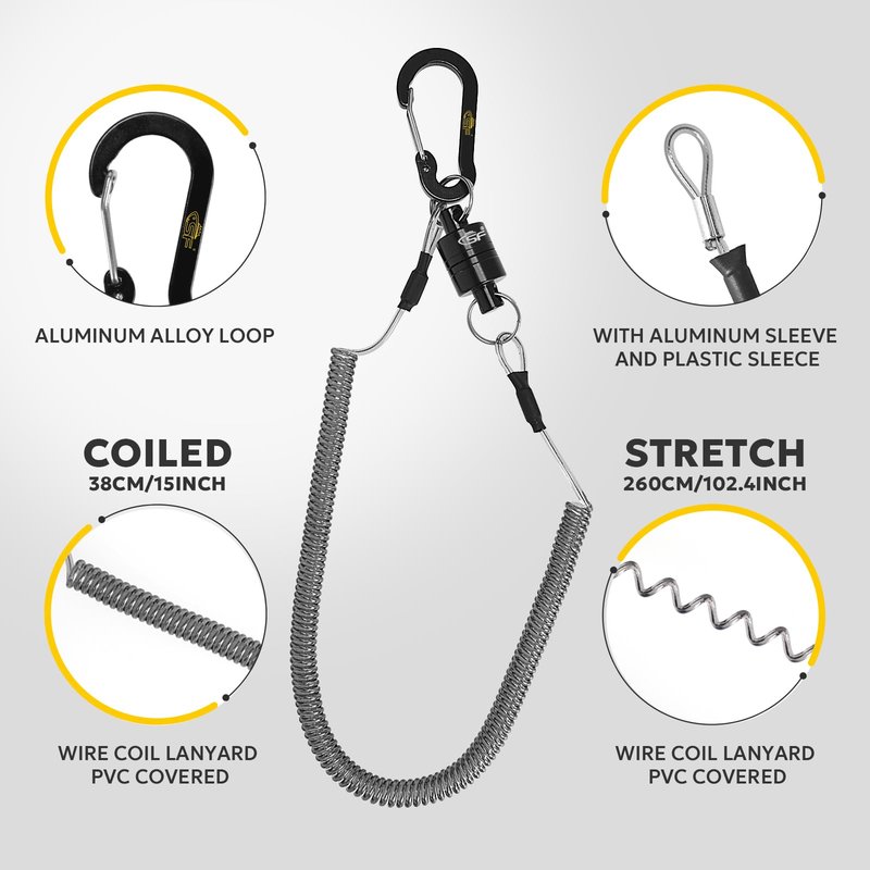 SF Strongest Magnetic Release Holder Keychain Fly Fishing Net Retractor Magnet Clip with Coiled Lanyard Aluminum Alloy Hook - Black