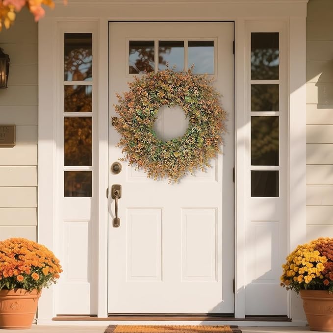 26" Fall Wreath for Front Door - Large Artificial Eucalyptus Leaves with Orange Seeds Outdoor Wreath for Porch, Window,Farmhouse,Home,Thanksgiving Day Harvest Festival Autumn Decor