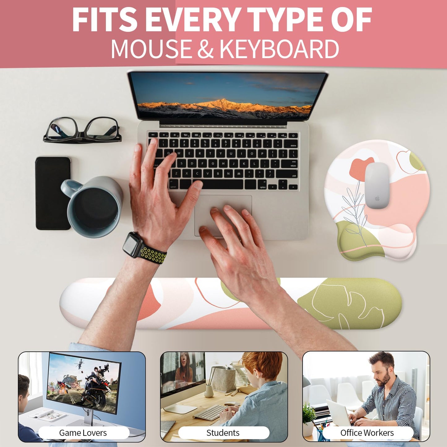 eulps Mouse Pad Wrist Support, Ergonomic Memory Foam Keyboard Wrist Pad & Gel Wrist Rest Set for Computer Keyboard for Easy Typing & Pain Relief for Office & Home (Rose Set)