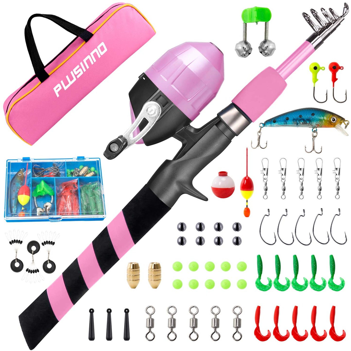 PLUSINNO Kids Fishing Pole, Portable Telescopic Fishing Rod and Reel Combo Kit - with Spincast Fishing Reel Tackle Box for Boys, Girls, Youth (Pink, 1.2M 3.94Ft)
