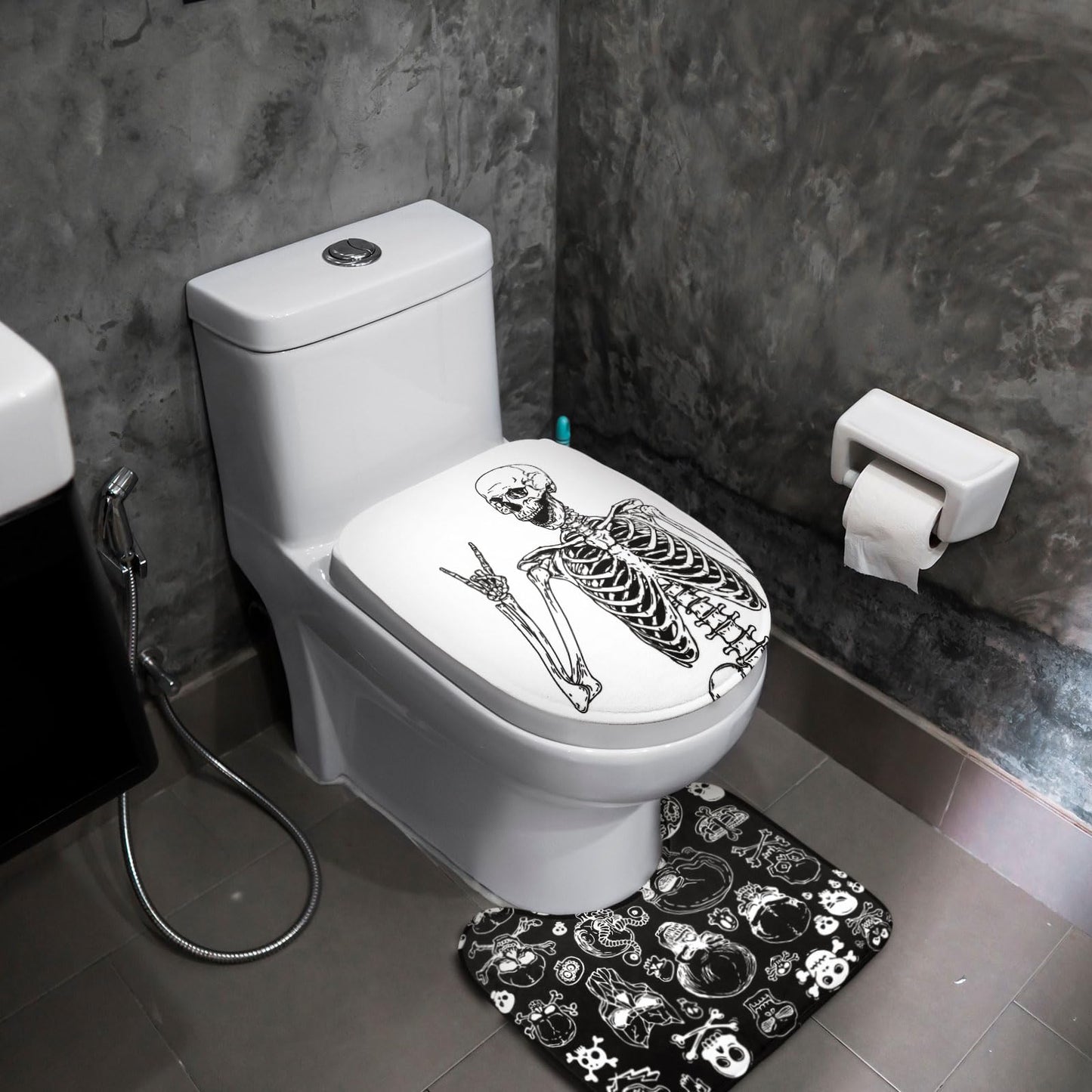 Honoson 8 Pcs Skeleton Shower Curtain Set with Rugs and Kitchen Towels Skeleton Farmhouse Shower Curtain Bathroom Set for Farmhouse Country Summer Halloween Housewarming Gifts Decor