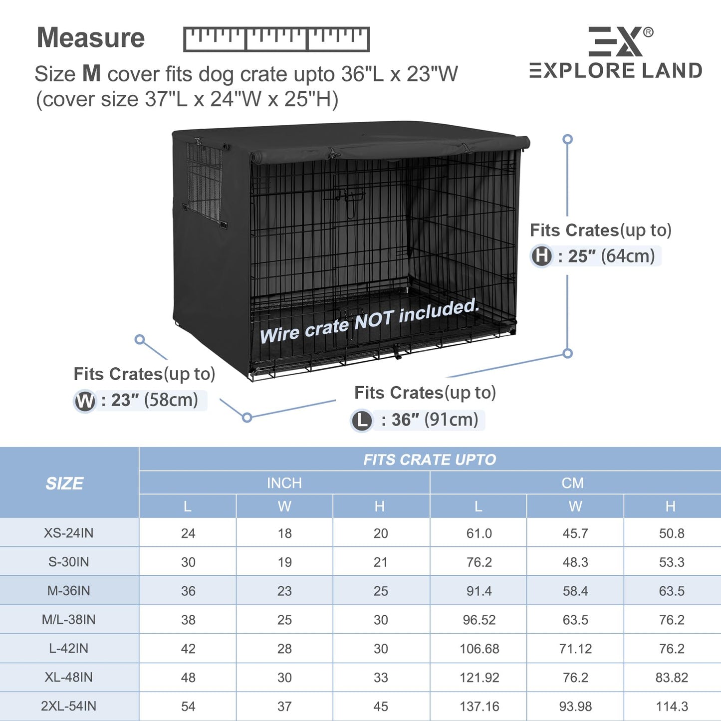 Explore Land Dog Crate Cover Durable - Polyester Pet Kennel Cover Universal Fit for 24-48 inches Wire Dog Crate (36 Inch (Pack of 1), Black Cover)