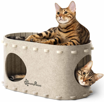 DownyPaws Cat House for Indoor Cats, Cat Bed Cave for Multiple & Large Cats Up to 22 Lbs, Scratch Resistant Peekaboo Cat Caves, Foldable Cat Tunnel Enclosed Bed, PeekaPurr, Cream