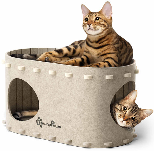 DownyPaws Cat House for Indoor Cats, Cat Bed Cave for Multiple & Large Cats Up to 22 Lbs, Scratch Resistant Peekaboo Cat Caves, Foldable Cat Tunnel Enclosed Bed, PeekaPurr, Cream