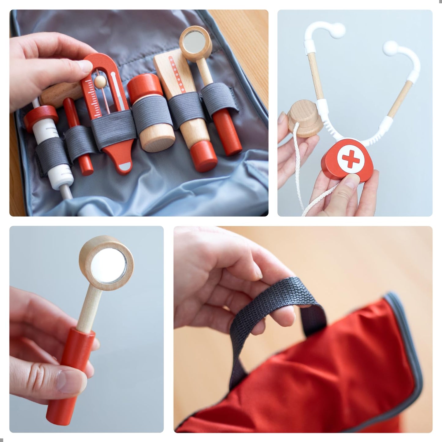 UMU® Mini Wooden Doctor Kit for Kids – 14-Piece Pretend Play Medical Set with Stethoscope, Blood Pressure Monitor & More – Toy Doctor Case for Children Age 3 4 5