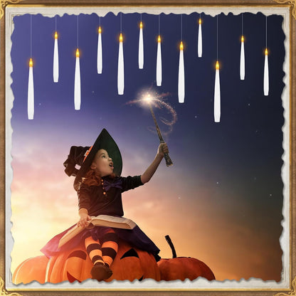 Sunjas 12 PCS Floating Candles with Wand LED Magic Hanging Candle Battery Operated Candle with 13 Batteries Include Flickering Warm Light Floating Candles for Christmas Halloween Decoration