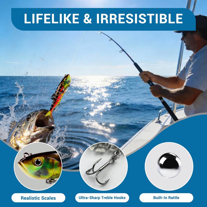 Keenjorika 3Pcs 8 Segment Swimbait Fishing Lure, Realistic Hard Bait with 3D Eyes & Natural Swimming Action, Slow Sinking Artificial Lure for Bass, Pike, Walleye, Trout, Freshwater Saltwater Fishing