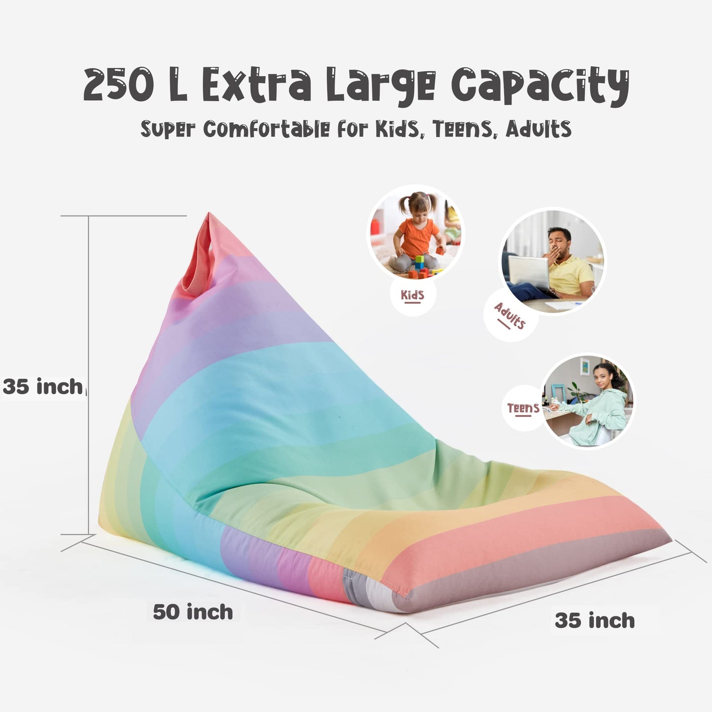 Nobildonna Stuffed Animal Storage Bean Bag for Kids (No Filler), Extra Large 250L Bean Bag Chair Cover Only, Washable Beanbag Without Filling Soft Premium Canvas Stuffable Bean Bag Cover (Rainbow)