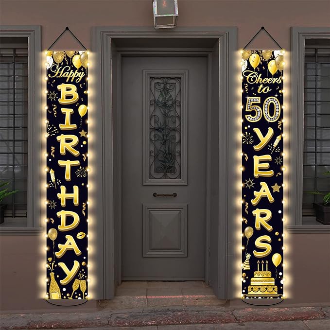 50th Birthday Party Banner Lighted Decorations for Women Men 50 Year Old Lighted Door Banners Black Gold Cheers to 50 Years Birthday Party Supplies Porch Sign with LED Light for Outside Light Decor