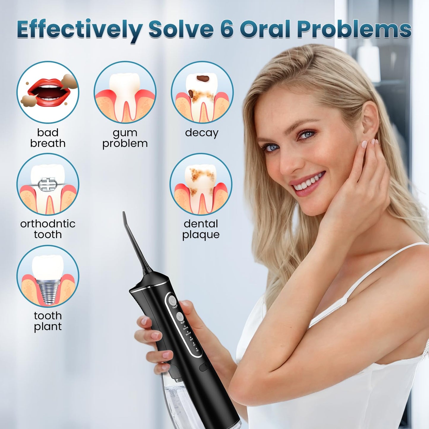 Water Flosser for Teeth Cleaning, 300ML Portable Cordless Oral Irrigator with DIY Strength, 4 Modes, IPX7 Waterproof & 30-Day Battery, 2-Min Smart Timer for Home/Travel Dental Care