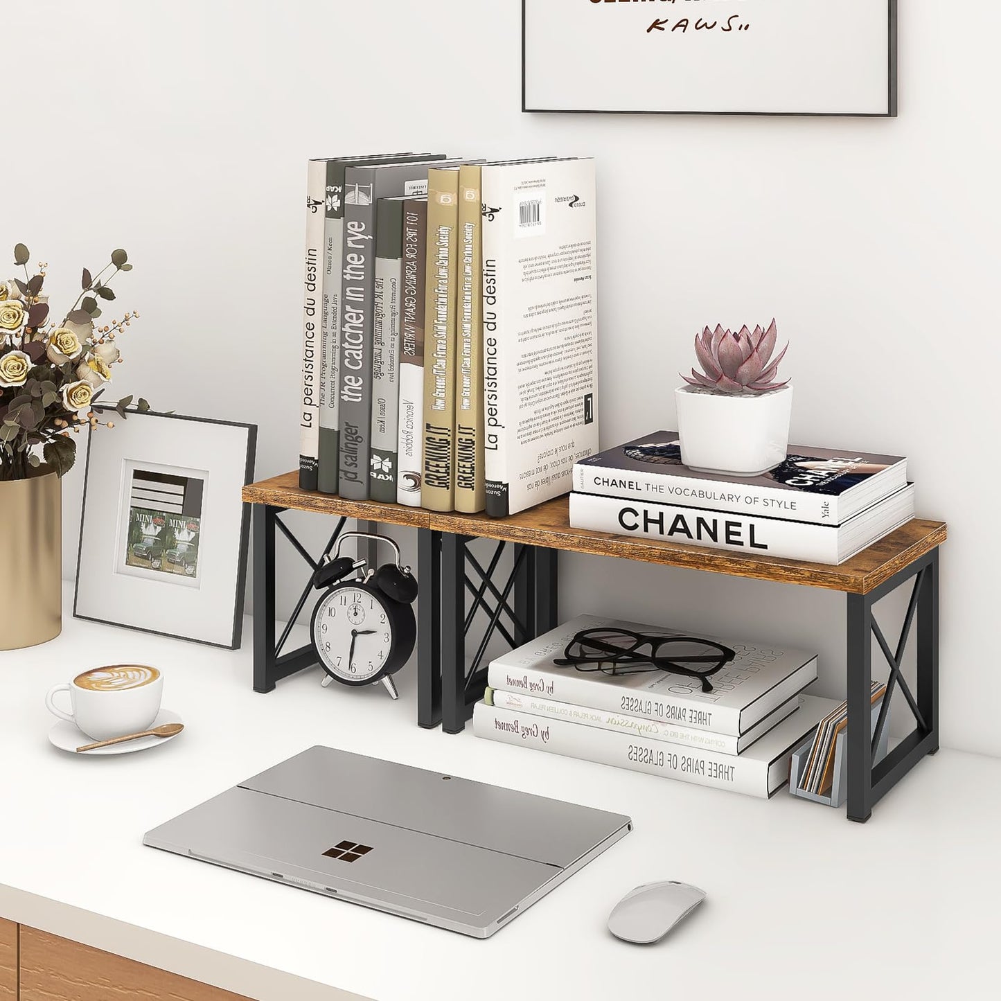 ELITEROO Wood Desktop Shelf, 2 Tier Adjustable Small Bookshelf Organizer, Freestanding Stackable Desk Stand, Storage Organizers, Kitchen Counter Display Rack, Rustic Brown