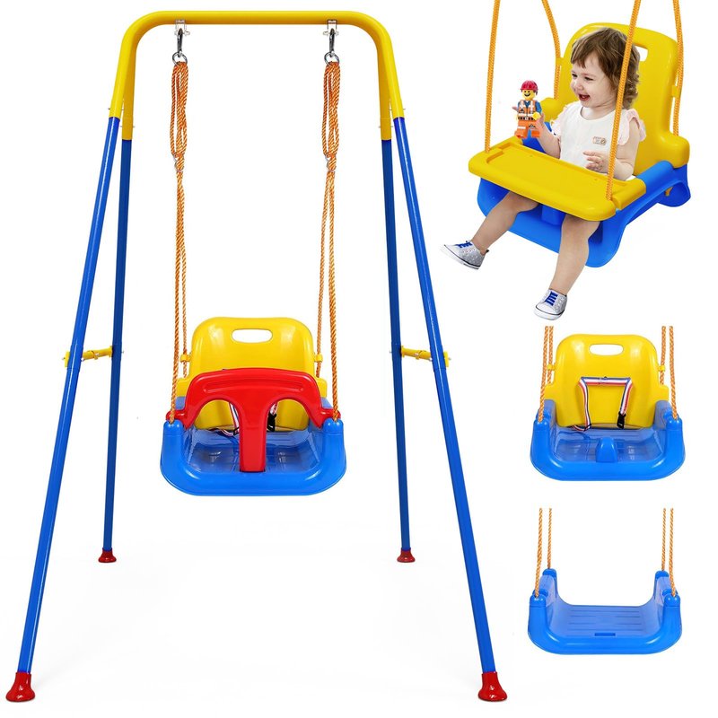 Upgraded Toddler Swing with Tray, Baby Swing Outdoor with Detachable Design, Safety Belt, Foldable Frame for Outdoor & Indoor Use