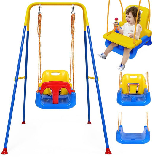 Upgraded Toddler Swing with Tray, Baby Swing Outdoor with Detachable Design, Safety Belt, Foldable Frame for Outdoor & Indoor Use