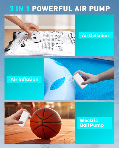 Air Pump for Inflatables Mini Air Mattress Pump Portable Electric Air Pump for Pool Floats,Swimming Rings, Sleeping Pads, Vacuum Storage Bags 5X with 5000mAh Battery & Light, USB Rechargeable