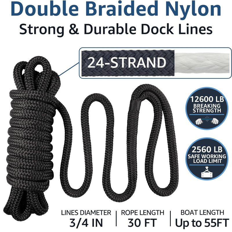 PACTHSD 2 Pack 3/4" x 30' Dock Lines - Marine Grade Nylon Boat Rope with 18" Loop for Docking and Mooring - Double Braided Boat Lines, High Strength, Easy Handling, Heavy Duty, Fray Resistant - Black
