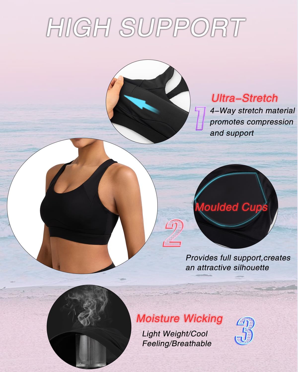 RUNNING GIRL Sports Bras for Women, Moulded Cup High Impact Workout Black Sports Bra Racerback Yoga Bra High Support(WX3068 Black L)