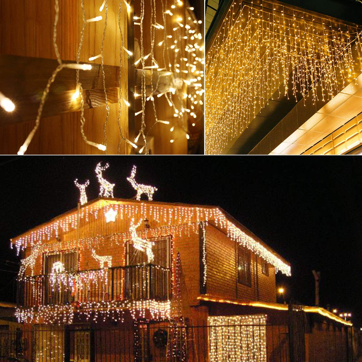 Janchs 304 LED Solar Christmas Icicle Lights Outdoor Decorations, 8 Modes Waterproof Icicle Fairy Lights for Outside Holiday, Patio, Balcony, Christmas, Window, House Eaves Decorations, Warm White
