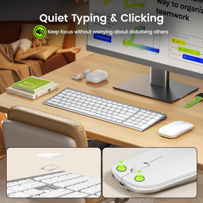 seenda WGJP-031B Wireless Keyboard Mouse Set, Ultra Thin Compact Rechargeable Aluminum Silent Computer Keyboard & Mouse Combo UK QWERTY Layout for Office, Home, Business, Silver White