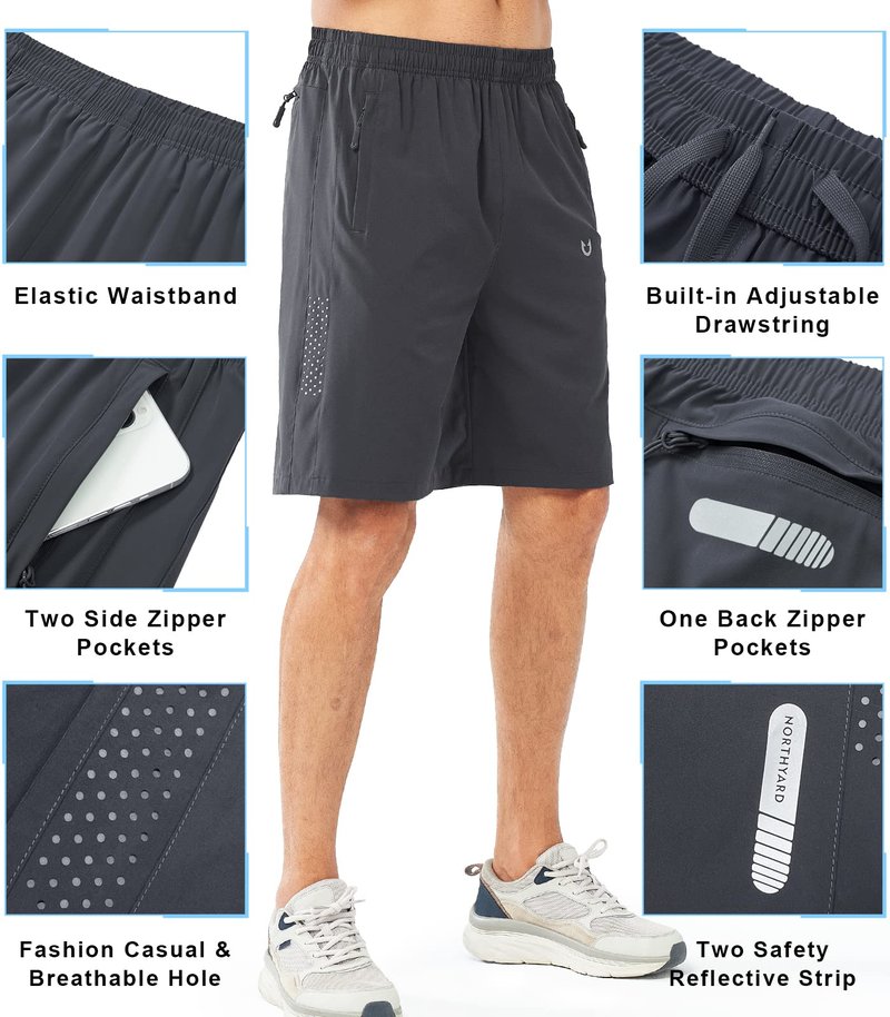 NORTHYARD Men's Athletic Running Shorts Gym Workout 7"/9"/5" Quick Dry Lightweight Sports Basketball Tennis 3 Zipper Pockets DARKGREY-9inch XL