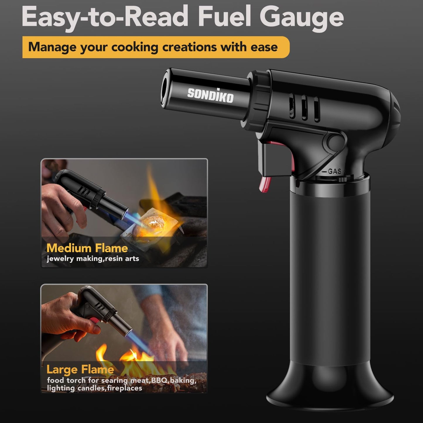 Sondiko Kitchen Blow Torch with Fuel Gauge S907, Refillable Soldering Torch Lighter with Safety Lock and Adjustable Flame for Desserts, Creme Brulee, Welding, Industrial (Butane Not Included)