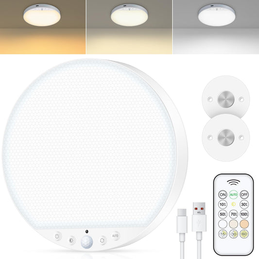 Rechargeable 8W Motion Sensor Ceiling Light Indoor, No Wiring & Magnetic Stick-On, Remote Control for Color & Brightness, Battery Operated Light for Shower, Closet, Bathroom, Pantry, Hallway, 1-Pack