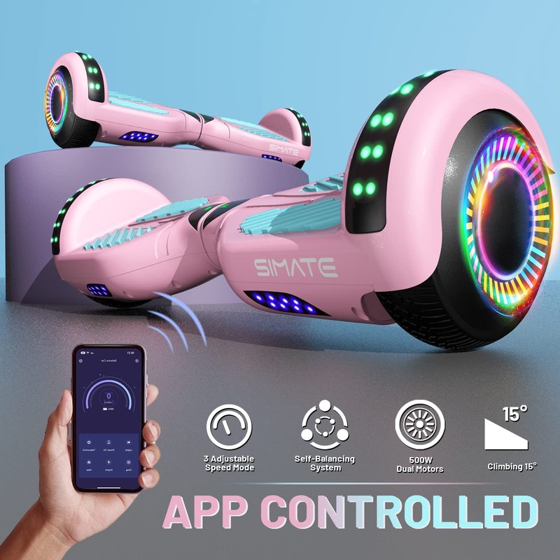 SIMATE Hoverboard, Bluetooth All Terrain Hover Boards with LED Lights and APP Control, Gifts for Kids Adults Girls Boys, for All Ages