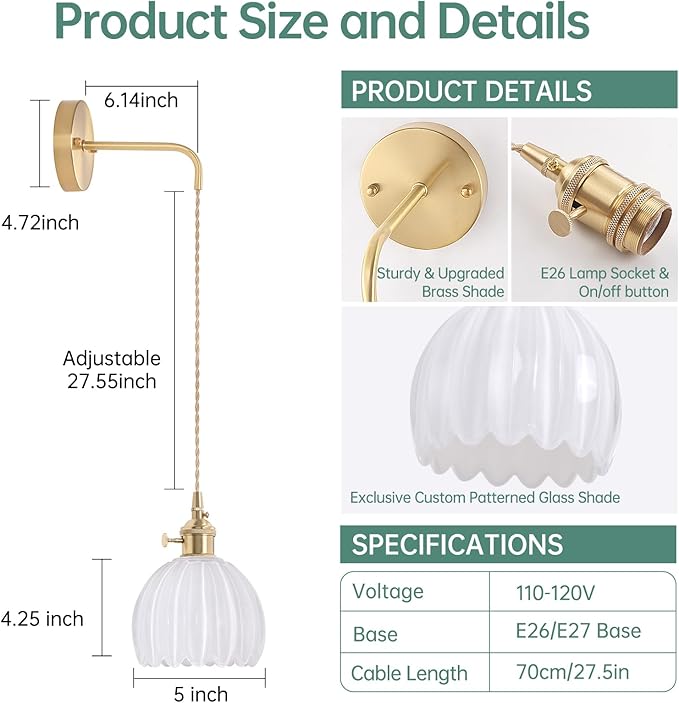 Vintage Wall Sconce with White Tulip Shade Pattern Glass Adjustable Chain Retro Gold Wall Mounted Light, Modern Wall Lamp Fixtures Decor for Bedside Bedroom Indoor Doorway