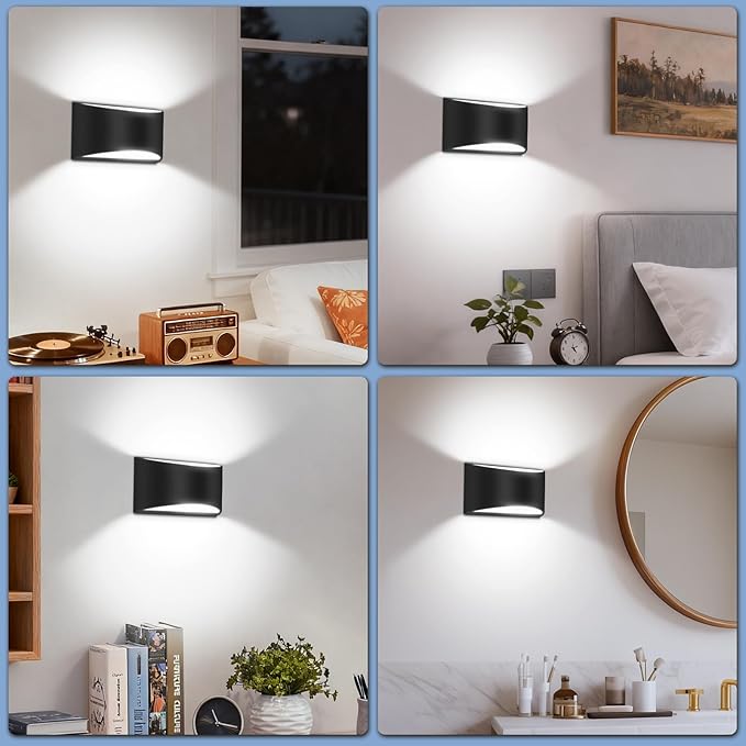 Modern LED Wall Sconces Set of Two,Cool White 6000K Hardwired Black Wall Lights Up and Down Wall Mount Light(with G9 Bulbs)