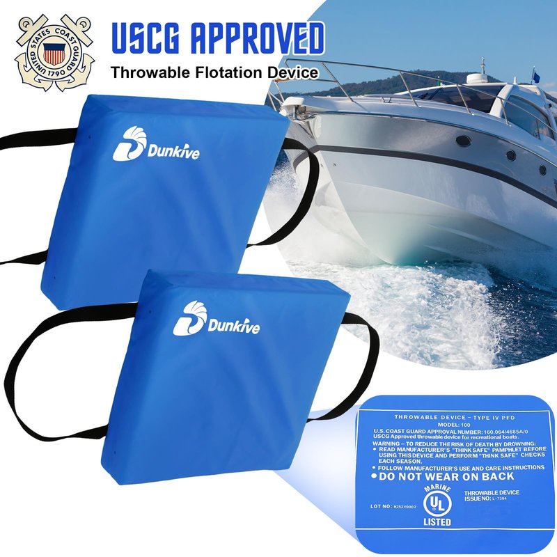 Dunkive 2 Pack Boat Throw Flotation Cushion, USCG Approved, Emergency Marine Throwable Flotation Device, Foam Boat Cushions Life Preserver, Throw Cushions for Boats, Kayaks, Canoes (Blue)