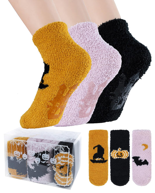 Century Star Plush Halloween Socks-Womens Anti Slip with Grip Soft Warm Cozy Socks 3 Pairs Halloween Pattern One Size