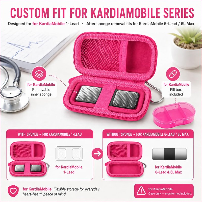 PAIYULE Heart Rate Monitor Case for KardiaMobile 6L / 6L Max 1L Personal EKG Monitor Storage Holder for Cardiac Mobile Portable Heart Rate Monitor Bag Organizer (Pill Box Included) Rose Red