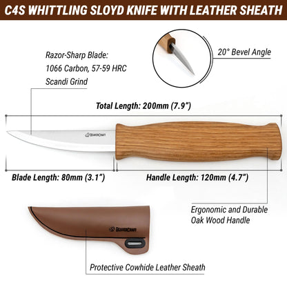 BeaverCraft Wood Carving Sloyd Knife C4s 3" - Whittling Knife with Leather Sheath for Carvers - Chip Wood Carving Tools for Beginner and Profi