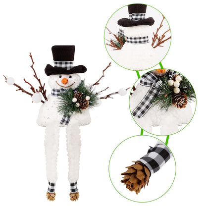 Lulu Home Christmas Snowman Decorations, Set of 2 Plush Shelf Sitters with Dangling Legs, Buffalo Checked Christmas Snowman Ornaments for Table Mantel Desk Fireplace Home Holiday Decor