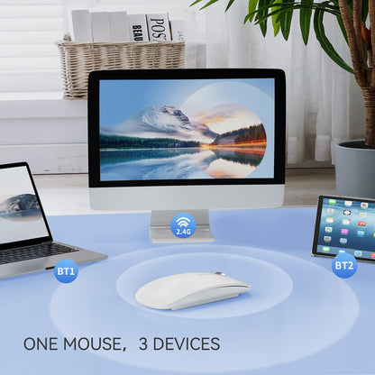 Uiosmuph Bluetooth Mouse, Rechargeable Wireless Mouse, Triple Mode (Dual Bluetooth+USB) Computer Silent Mice Portable with USB Receiver Type-C Adapter for Laptop/MacBook/iPad/PC (White)