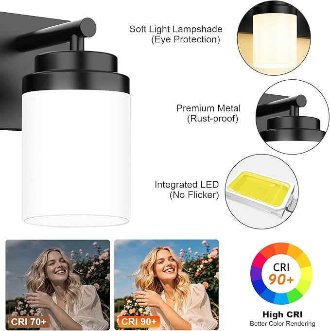 4-Light Bathroom Light Fixtures, Modern LED Vanity Light with White Glass Shade, Matte Black Bathroom Light Fixtures Over Mirror, for Mirror Living Room Cabinet Bedroom, 27 inch